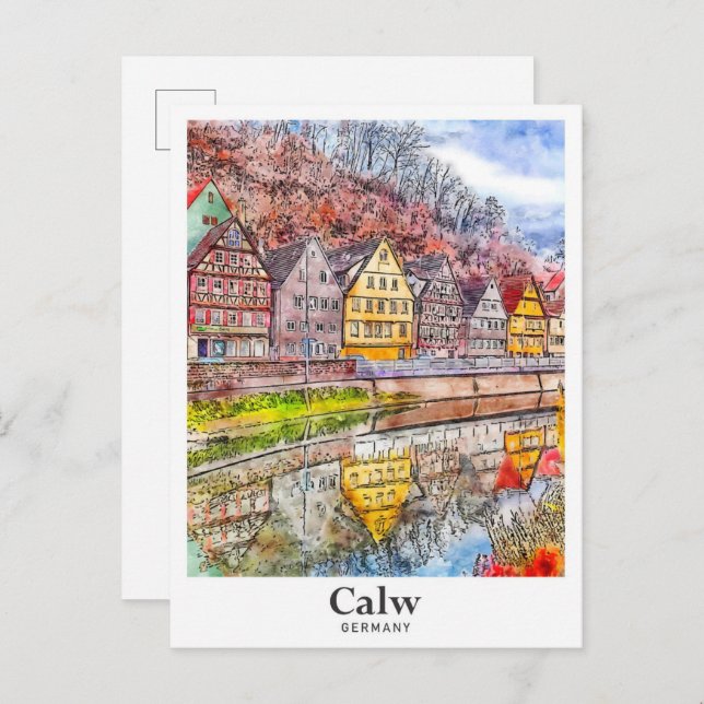 Calw Germany Art Travel Watercolor Hand Drawing Postkarte (Vorne/Hinten)