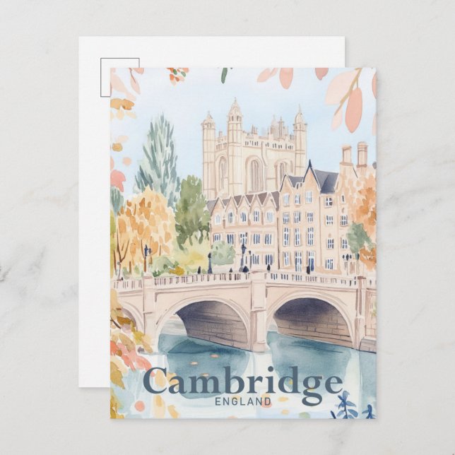 Cambridge England Aquarell Travel Illustration Postkarte (Vorne/Hinten)