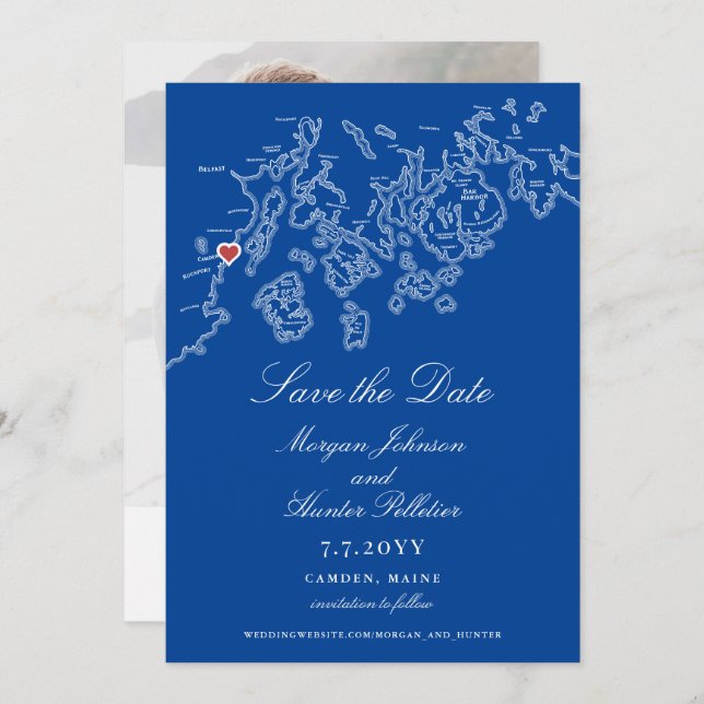 Camden Maine Map Elegant Navy Wedding Save The Date (Vorne/Hinten)