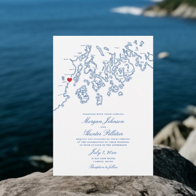 Camden Maine Penobscot Bay Karte Elegante Hochzeit (Camden Maine Map Wedding Invitations with Elegant Navy Blue Penobscot Bay Map )