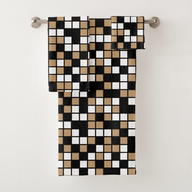 Camel Brown, Black, White Random Mosaic Squares Badhandtuch Set (Insitu)
