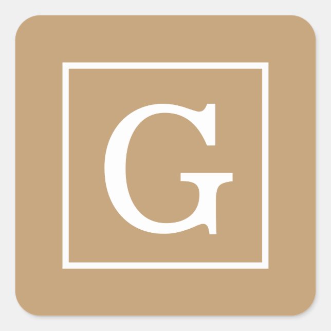 Camel Brown White Gerahmt Initial Monogram Quadratischer Aufkleber (Vorderseite)
