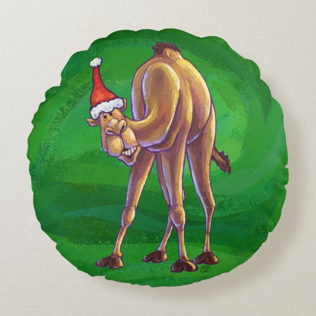 Camel Christmas auf Green Rundes Kissen (Vorderseite)