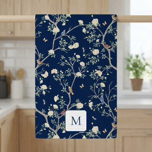Camellia Garden Navy Blau Monogrammiert  Geschirrtuch