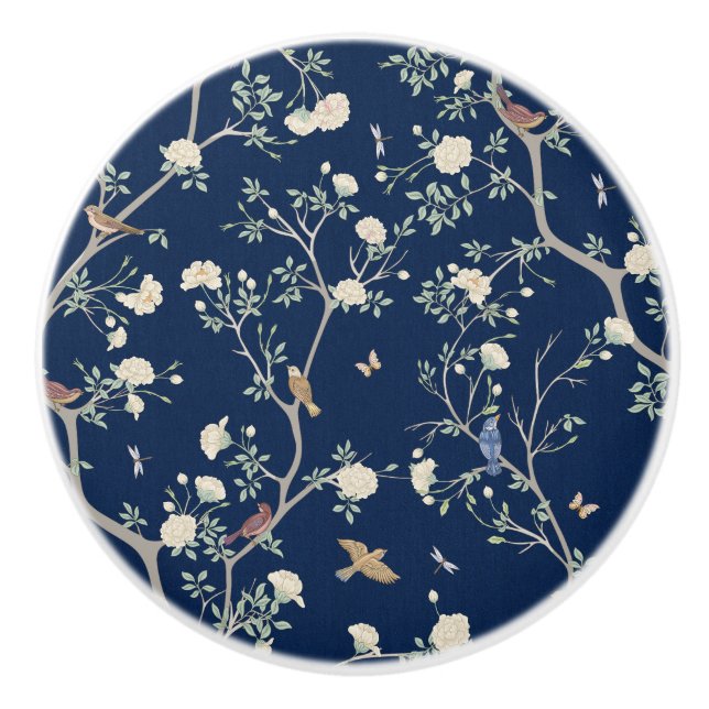 Camellia Garden Navy Blue Chinoiserie Keramikknauf (Vorderseite)