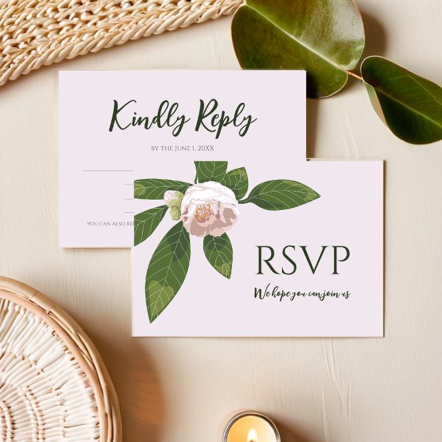 Camellia und Grüne Einfache Elegante RSVP Karte (Camellia and Greenery Simple Elegant Save the Date RSVP Card)