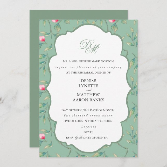 Cameo Green und Basil Green Probe Dinner Einladung (Vorne/Hinten)