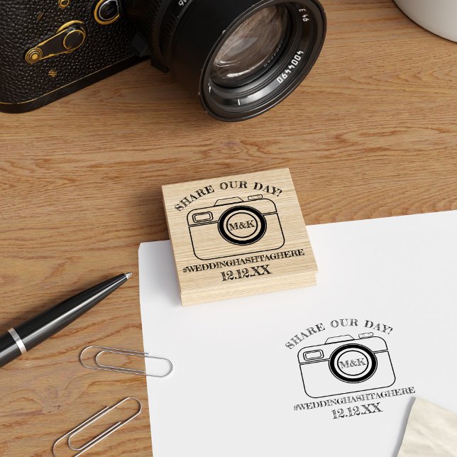 Camera Monogram Share our Day Wedding Rubber Brief Gummistempel (Just add your initials, wedding hashtag and date to this rubber stamp and get stamp happy!)