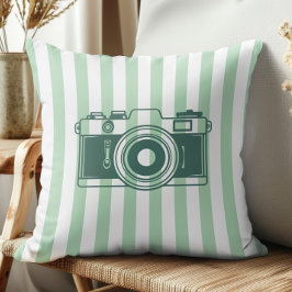 Camera on Sea Green Stripes, Accent Pillow,  Kissen