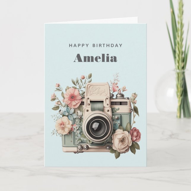 Camera with Flowers Retro Pastel Image Birthday Karte (Vorderseite)