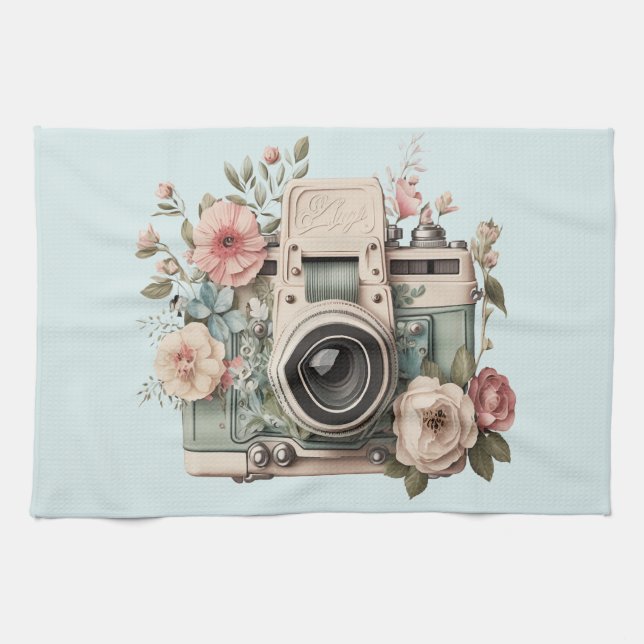 Camera with Flowers Retro Pastel Image Geschirrtuch (Horizontal)