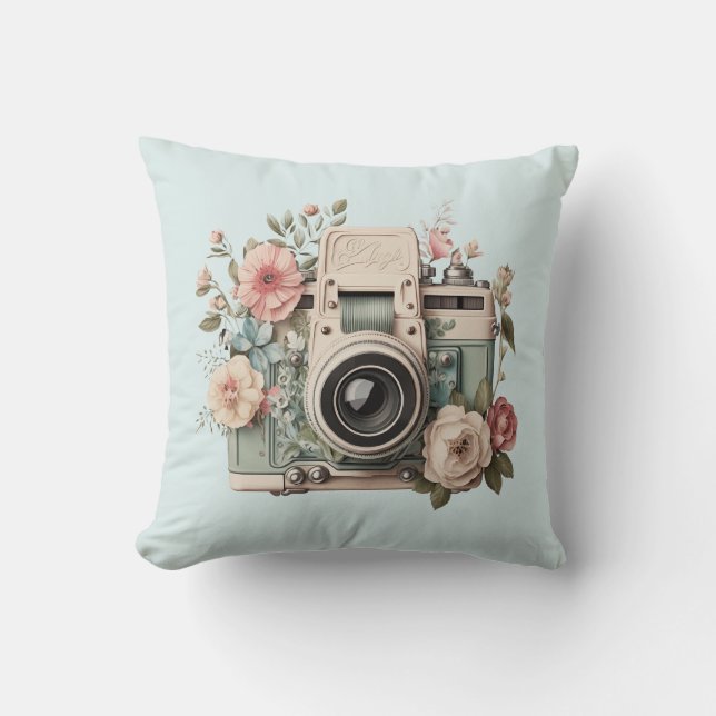 Camera with Flowers Retro Pastel Image Kissen (Vorderseite)