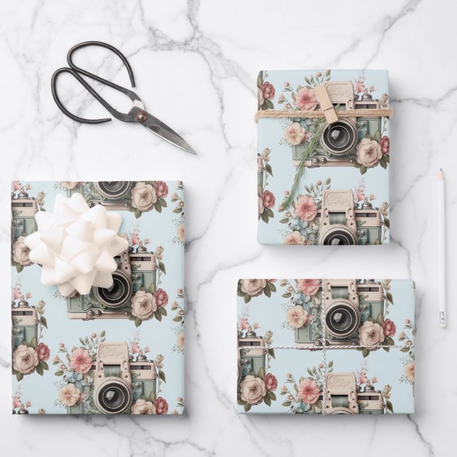 Camera with Flowers Retro Pastel Image Pattern Geschenkpapier Set (Vorderseite)