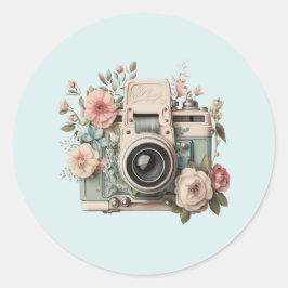 Camera with Flowers Retro Pastel Image Runder Aufkleber