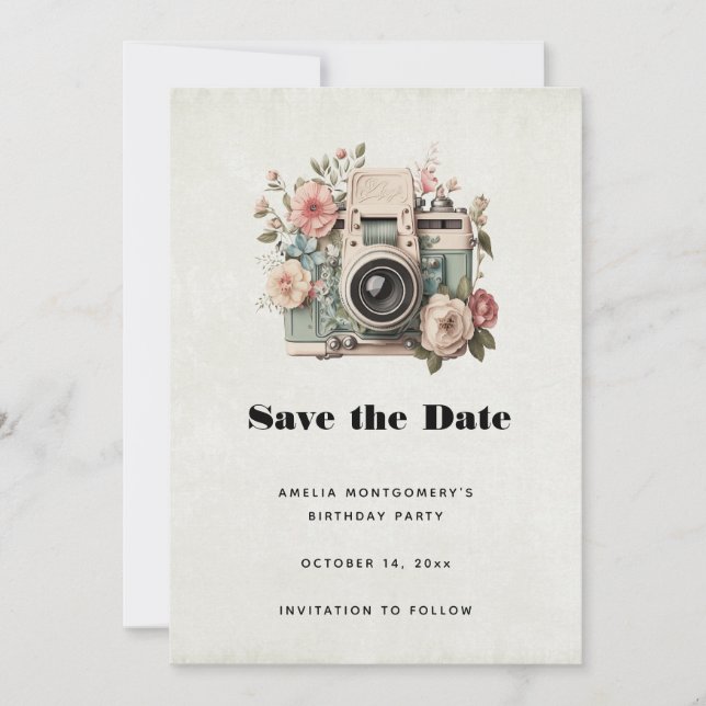 Camera with Flowers Retro Pastel Image Save The Date (Vorderseite)