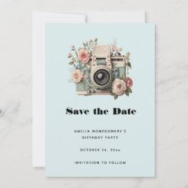 Camera with Flowers Retro Pastel Image Save The Date
