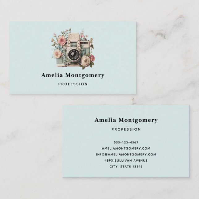 Camera with Flowers Retro Pastel Image Visitenkarte (Vorne/Hinten)