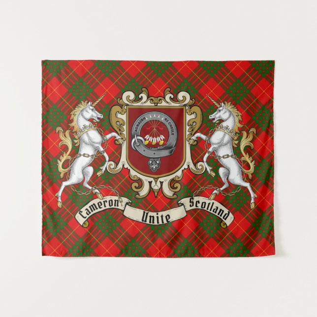 Cameron Clan Abzeichen & Unicorns w/Tartan Wandteppich (Vorderseite (Horizontal))