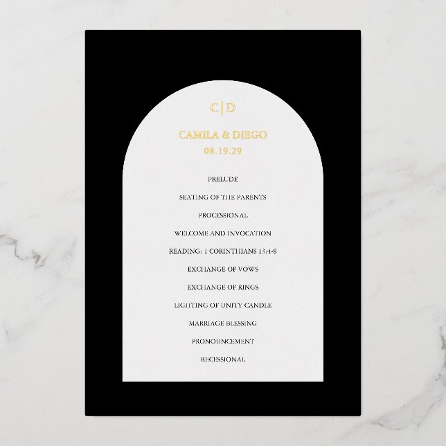 Camila Arch Modern Wedding Program Folieneinladung (Vorderseite)
