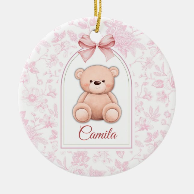 Camila | Benutzerdefiniertes rosa Teddy-Bär-Kinder Keramik Ornament (Vorne)