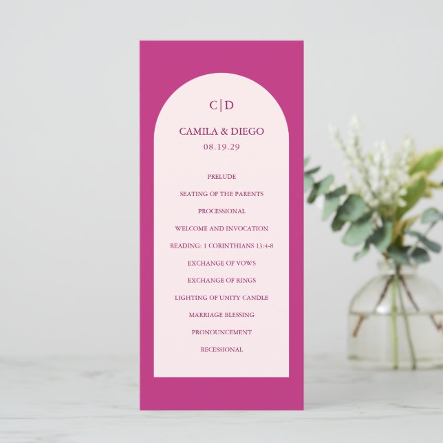 Camila Pink Arch Moderne Hochzeit Programm (Stehend Vorderseite)