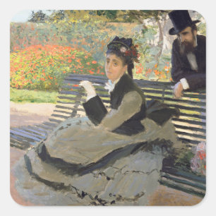 Camille Monet auf der Bench Claude Monet Quadratischer Aufkleber