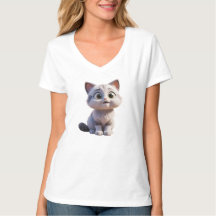 Camiseta Feminina Básica Gato Gola em V 3D