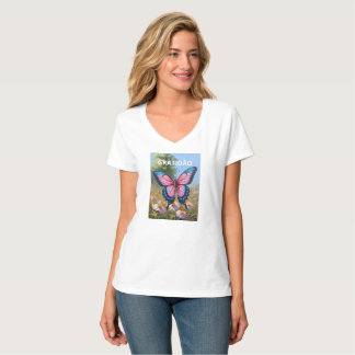 Camiseta Feminina Básica, Gola em V Borboleta T-Shirt