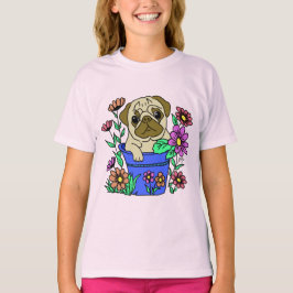 Camiseta Pug Fofo em Vaso de Flores Desenho T-Shirt