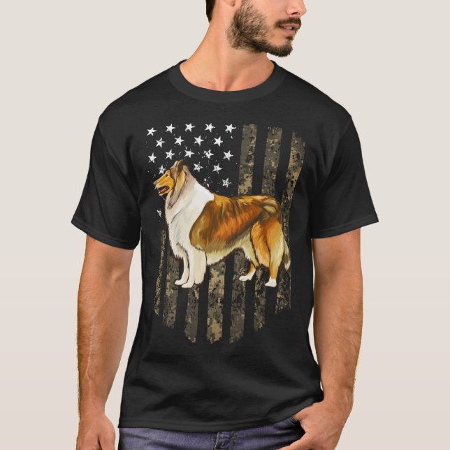 Camo American Flag Collie 4th Of July USA T-Shirt (Vorderseite)