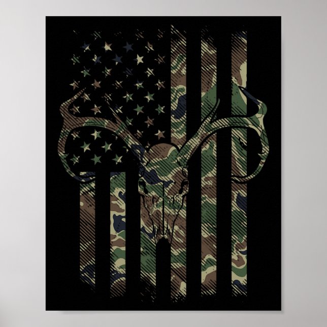 Camo American Flag Deer Skull Elk Hunting Usa Hunt Poster (Vorne)