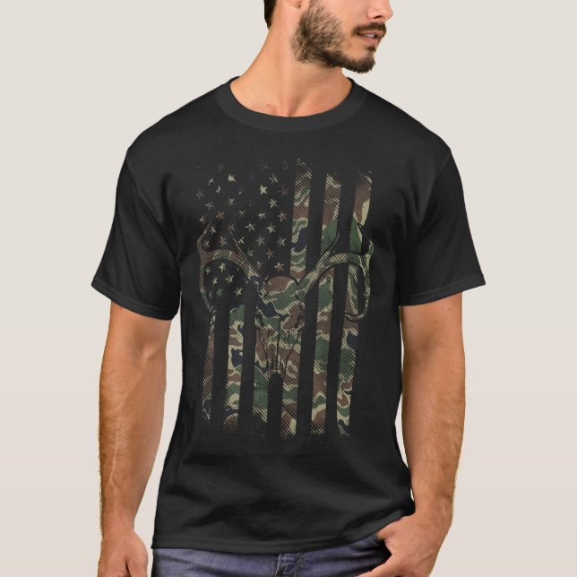 Camo American Flag Deer Skull Elk Hunting Usa Hunt T-Shirt (Vorderseite)