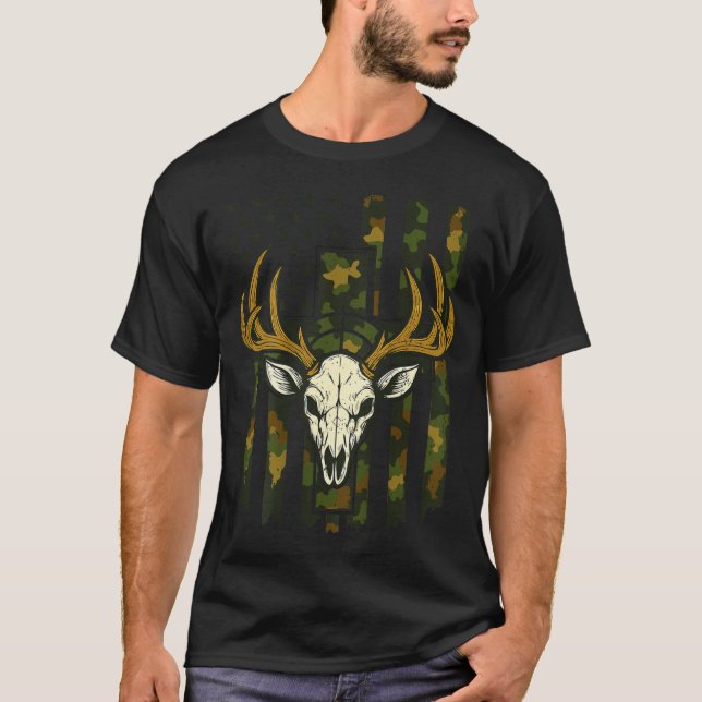 Camo Deer Hunting Elk Skull American Flag Youth Bo T-Shirt (Vorderseite)
