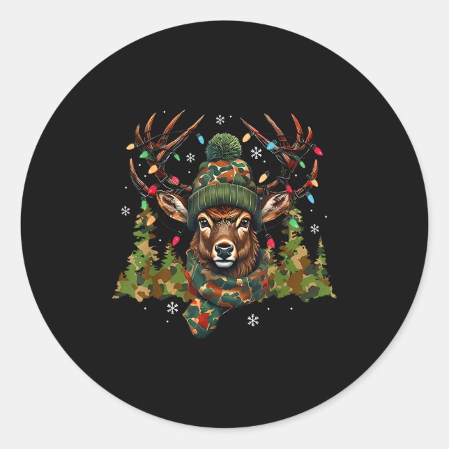 Camo Hunting Reindeer Deer Xmas Lights Christmas H Runder Aufkleber (Vorderseite)