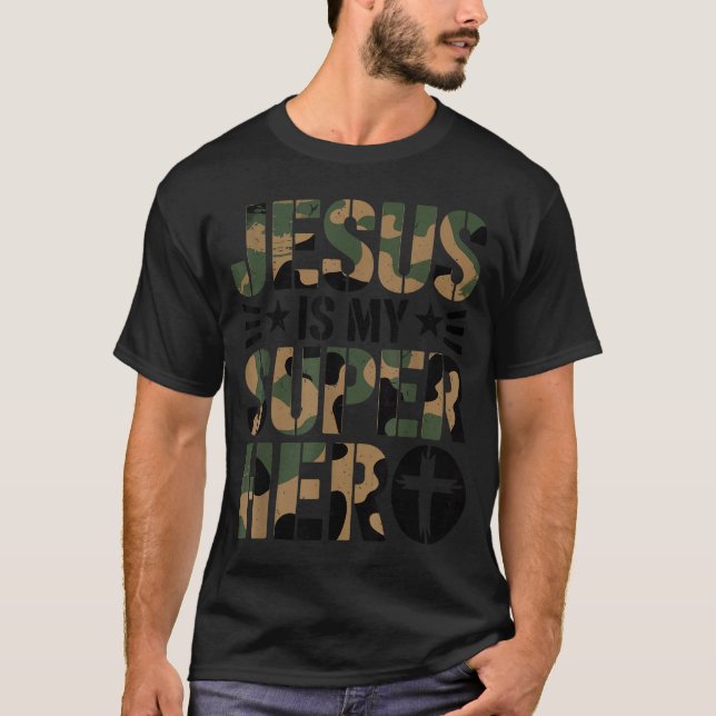 Camo Jesus Is My Superhero Toddler Boys Camouflage T-Shirt (Vorderseite)