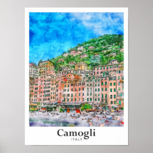 Camogli Italien Reisen Wasserfarben Hand gezogen Poster