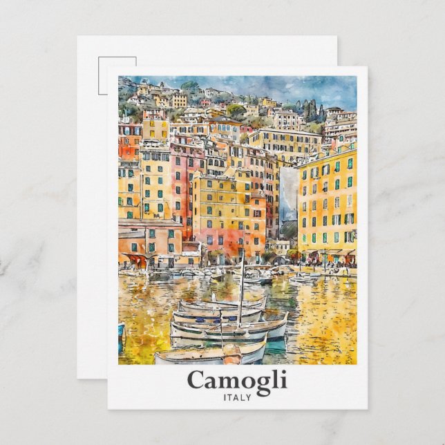 Camogli Italien Reisen Wasserfarben Hand gezogen Postkarte (Vorne/Hinten)