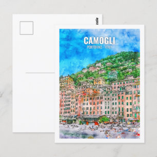 Camogli Portofino Italien Reiseort Aquarell Postkarte