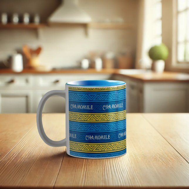 Camomile Tea Vibrant Yellow & Blue Celtic Stripes Zweifarbige Tasse (Von Creator hochgeladen)