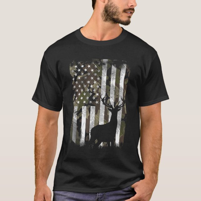 Camouflage American Flag Hirschjäger Jagen T-Shirt (Vorderseite)