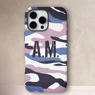 Camouflage Army Monogram Blue Pink iPhone 16 Pro Max Hülle