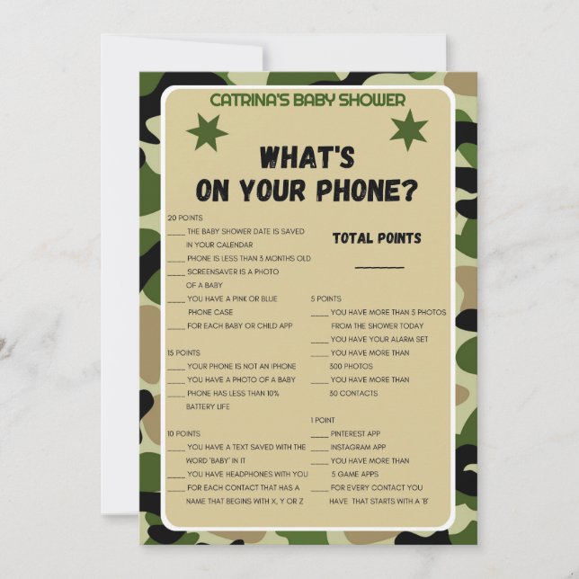 Camouflage Babydusche - bestellbarer Name, 12x18 Einladung (Vorderseite)