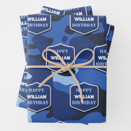 Camouflage Blue Camouflage Army Monogram Birthday  Geschenkpapier Set