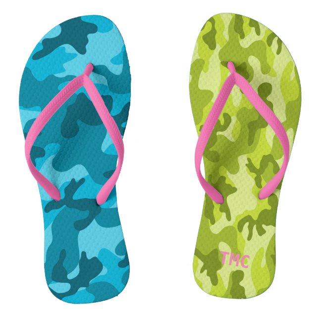 Camouflage Blue Green Pink Monogram INITIALS Somme Flip Flops (Fußbett)