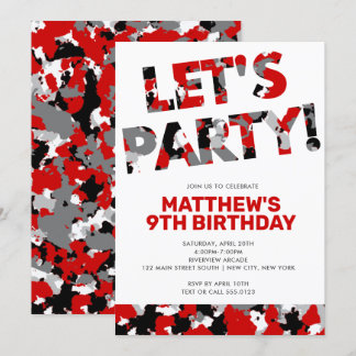 Camouflage Geburtstag, Party Red Black Camouflage Einladung
