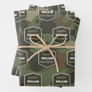 Camouflage Green Camouflage Army Monogram Birthday Geschenkpapier Set