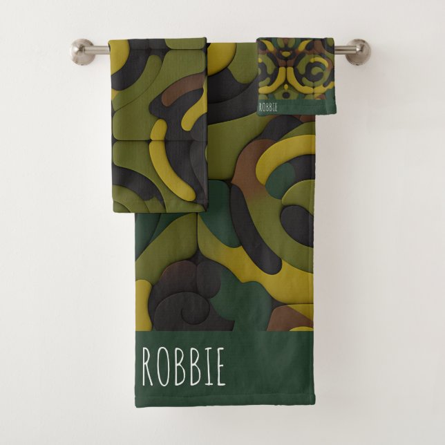 Camouflage Green Mosaik Muster Badhandtuch Set (Insitu)
