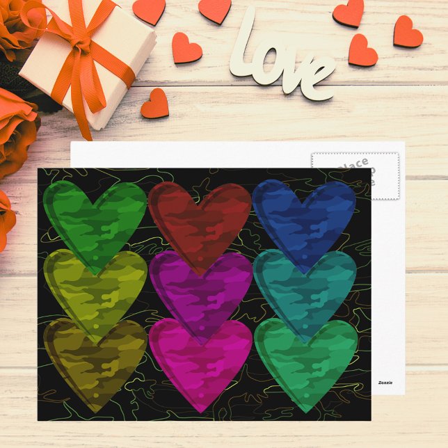 Camouflage Herzmuster Muster Farben Postkarte (Camouflage Heart Pattern of Colors Postcard)