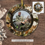 Camouflage Jagen Ein Foto Personalisiert Keramik Ornament<br><div class="desc">Braune und grüne Tarnverzierungen personalisiert mit Ihrem Foto und dem eigenen Text. Das Beispiel erinnert an ein Jäger-Ausflugsbild, aber der Text ist für Ihre Bedürfnisse editierbar. Das Design wird auf der Rückseite dupliziert. Ideal auch für Fotos im Freien wie Camping, Wandern, etc. ÄNDERUNGEN: Der Text Schriftart Stil, Größe, Farbe und...</div>