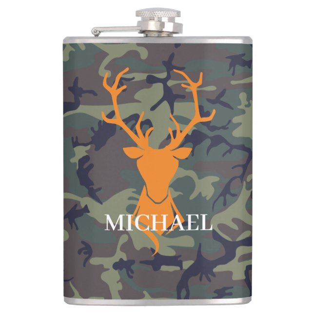 Camouflage Orange Deer Buck Jagd | Monogramm Flachmann (Vorderseite)